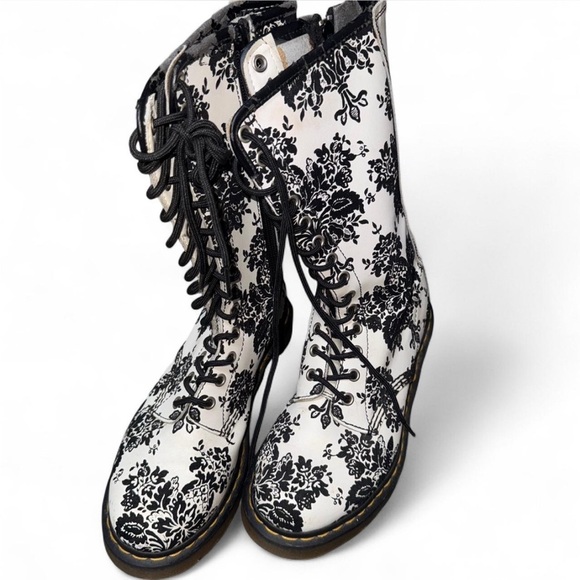 Dr. Martens Shoes - Dr. Martens Black and White Floral Combat Boots